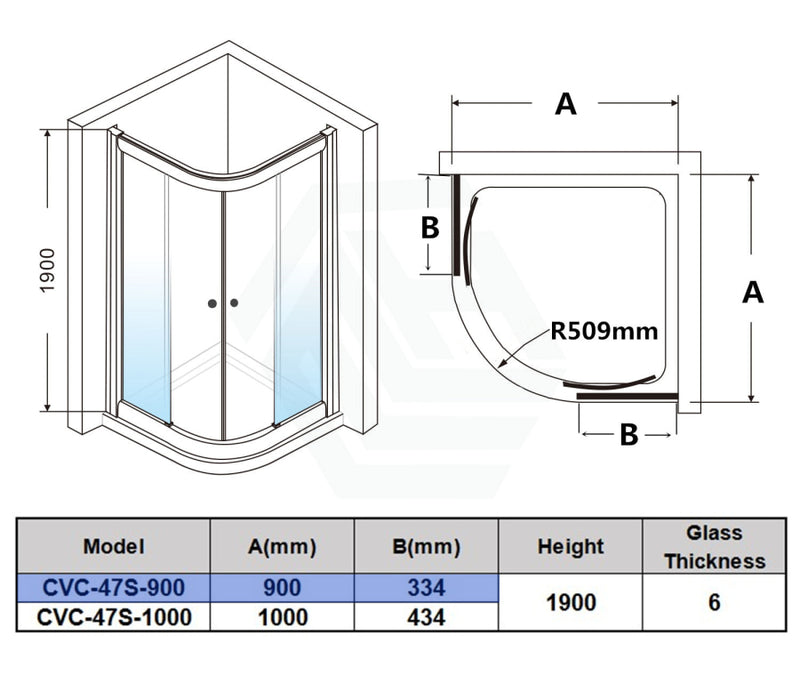 790/900/1000Mm Curved Shower Screen Semi-Frameless Double Sliding Chrome Fittings 6Mm Tempered Glass