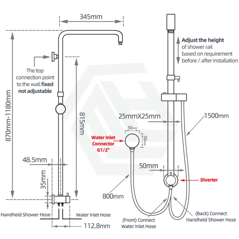 8 Inch 200Mm Round Chrome Twin Shower Station With 5 Functions Handheld Universal Water Inlet