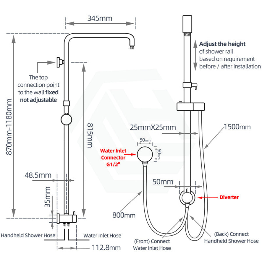 8 Inch 200Mm Round Chrome Twin Shower Station With 5 Functions Handheld Universal Water Inlet