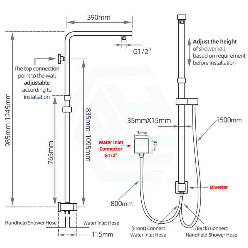 8 Inch 200Mm Square Chrome Rainfall Twin Shower Station Universal Water Inlet 3 Functions Handheld