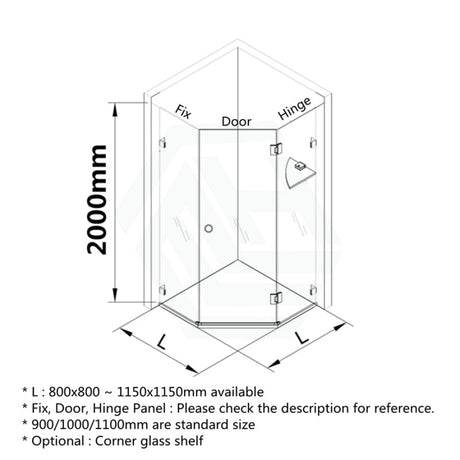 800~1150Mm Diamond Shape Shower Screen Pivot Door Matt Black Frameless 10Mm Glass 2000Mm Height