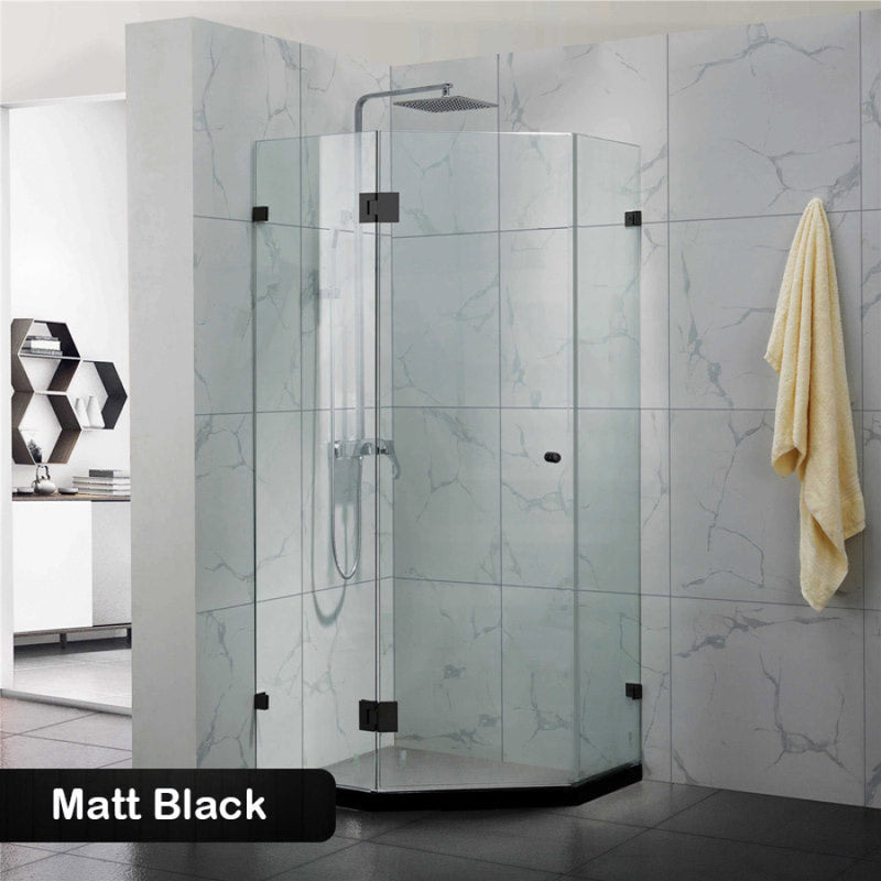 800~1150Mm Diamond Shape Shower Screen Pivot Door Matt Black Frameless 10Mm Glass 2000Mm Height