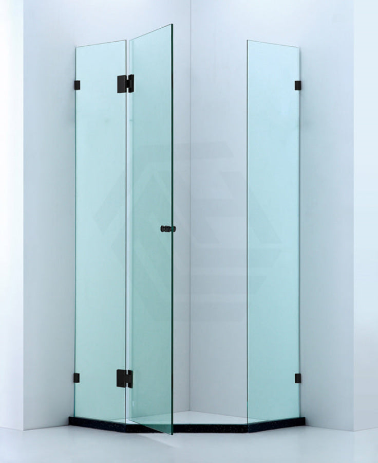 800~1150Mm Diamond Shape Shower Screen Pivot Door Matt Black Frameless 10Mm Glass 2000Mm Height