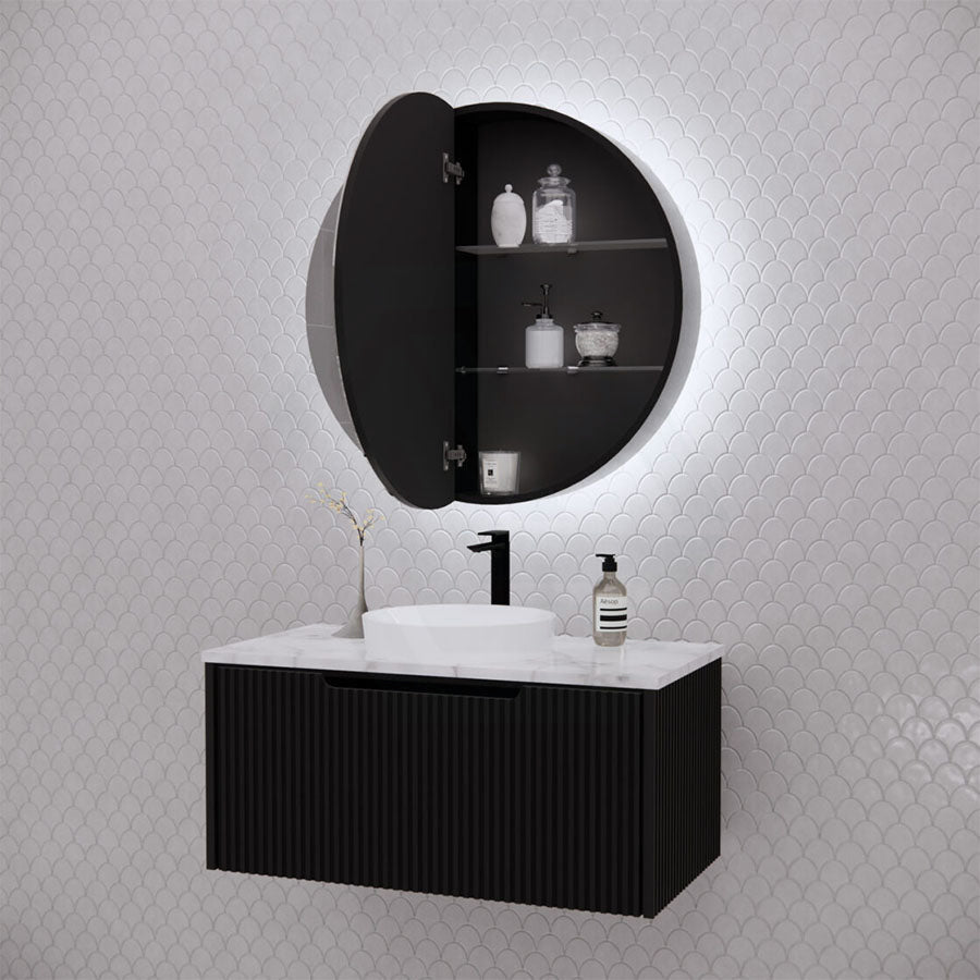 800Mm Round Led Backlit Pencil Edge Mirror Cabinet Matt Black Shaving Cabinets