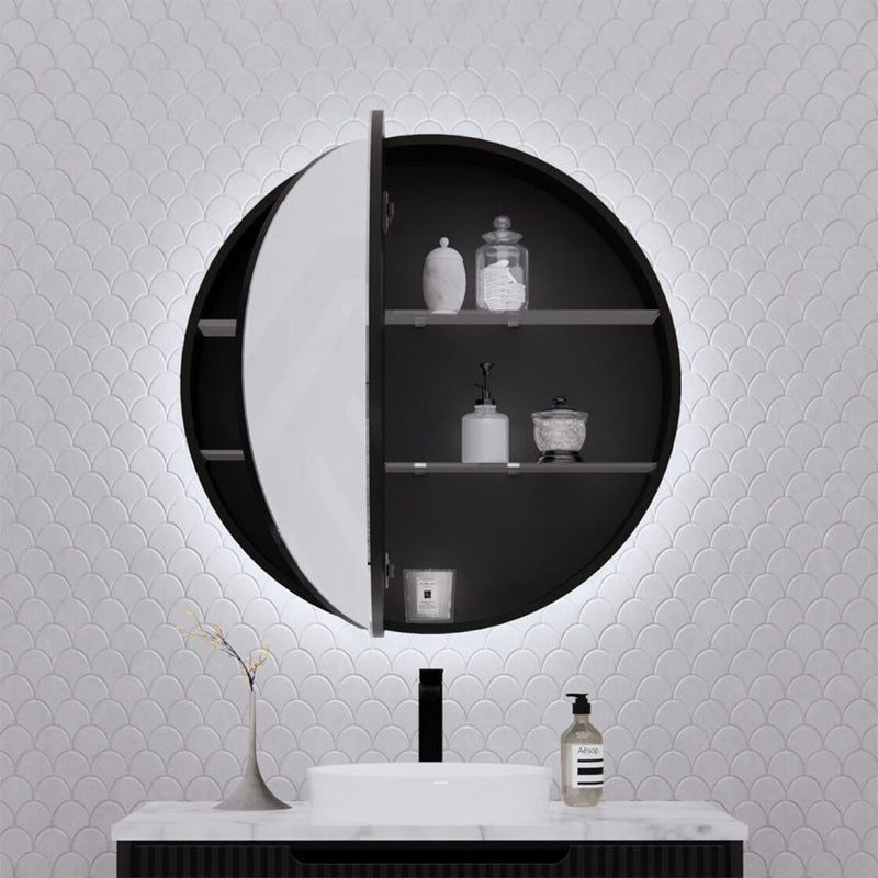 800Mm Round Led Backlit Pencil Edge Mirror Cabinet Matt Black Shaving Cabinets