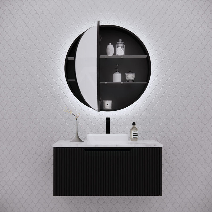 800Mm Round Led Backlit Pencil Edge Mirror Cabinet Matt Black Shaving Cabinets