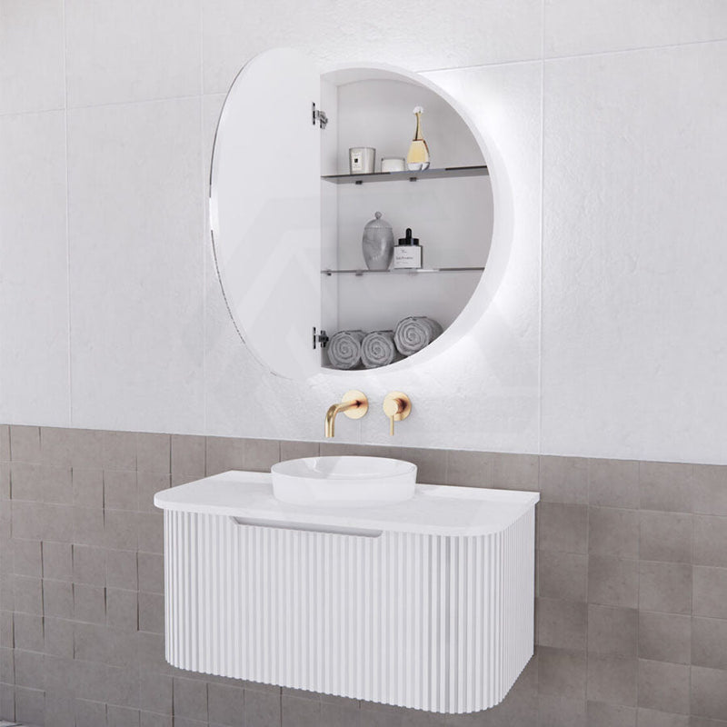 800Mm Round Led Backlit Pencil Edge Mirror Cabinet Matt White Shaving Cabinets