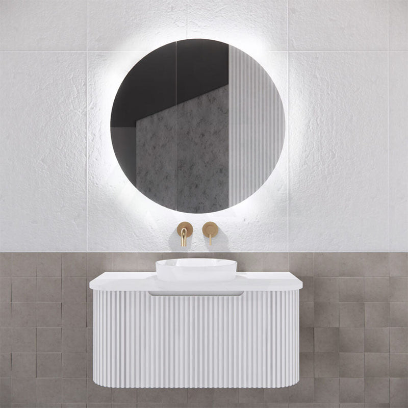 800Mm Round Led Backlit Pencil Edge Mirror Cabinet Matt White Shaving Cabinets