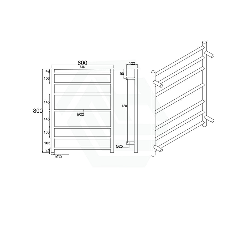 800X600X121.8Mm Round Matt Black Electric Heated Towel Rack 7 Bars