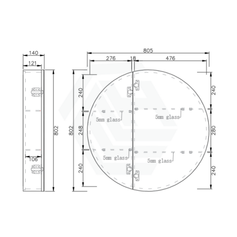 800X800X140Mm Round Pencil Edge Mirror Wall Hung Shaving Cabinet Matt Black Cabinets