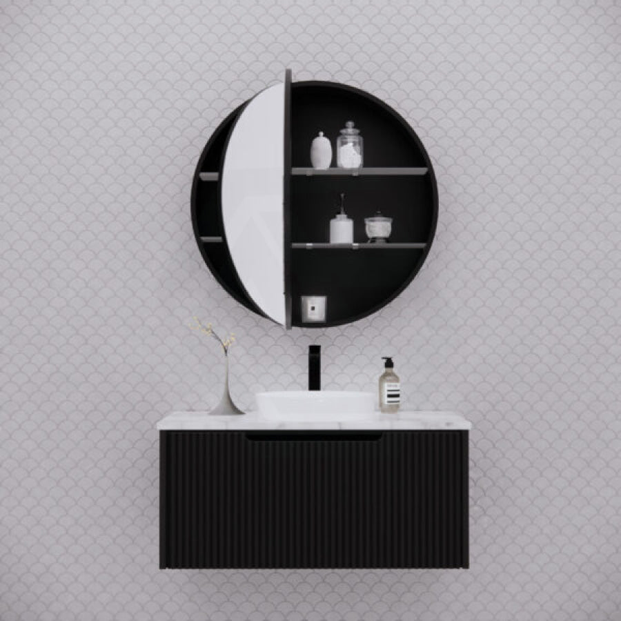 800X800X140Mm Round Pencil Edge Mirror Wall Hung Shaving Cabinet Matt Black Cabinets