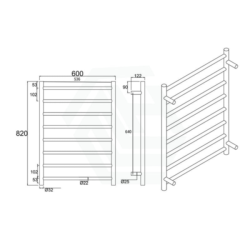 820X600X120Mm Round Black Electric Heated Towel Rack 8 Bars Stainless Steel Rails