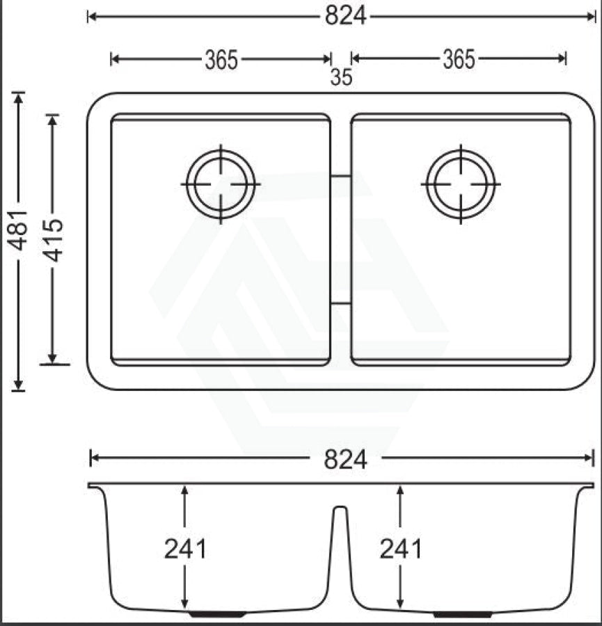 824X481X241Mm Carysil Black Double Bowls Granite Undermount Kitchen Laundry Sink