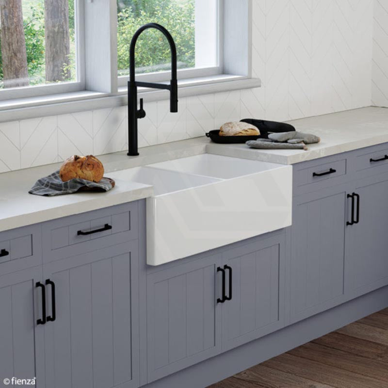 835x505x255mm Charlton Gloss White Ceramic Fluted Double Bowls Kitchen Butler Laundry Sink