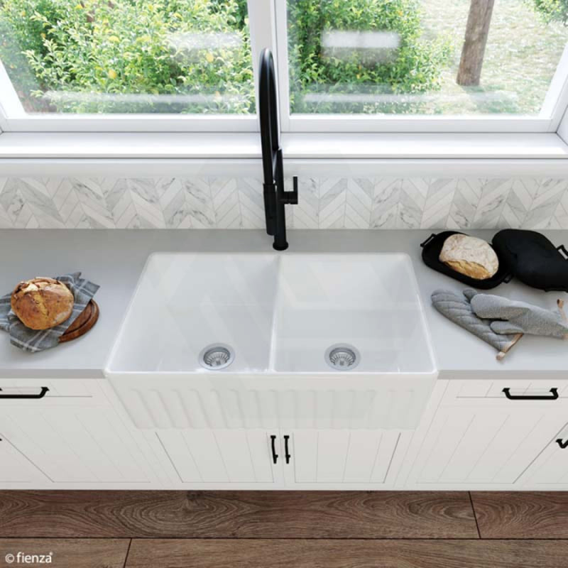 835x505x255mm Charlton Gloss White Ceramic Fluted Double Bowls Kitchen Butler Laundry Sink