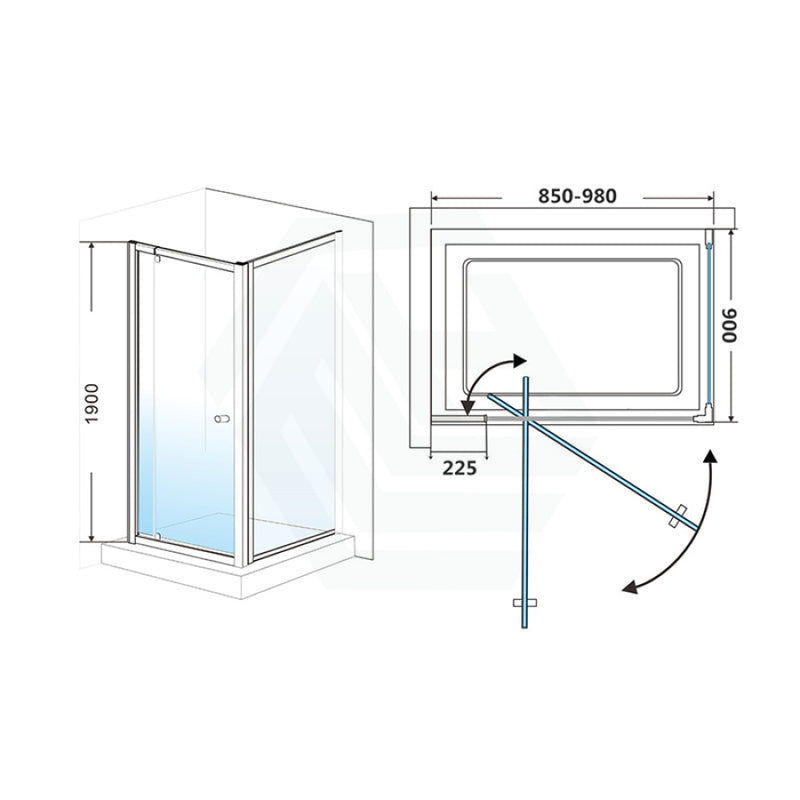 850-980X900X1900Mm Semi-Frameless Shower Screen Pivot Door L Shape Chrome Fittings 6Mm Glass