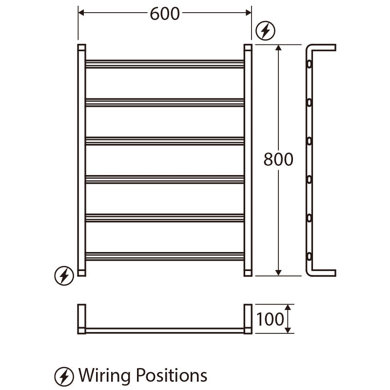 Fienza Koko/Tono Heated Towel Rail 600mm, 4/6/9 Square Bars, Chrome