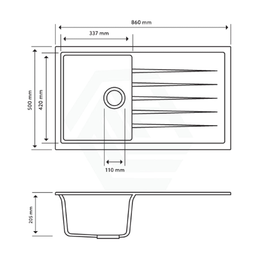 860X500X205Mm Carysil Black Single Bowl With Drainer Board Granite Kitchen Laundry Sink