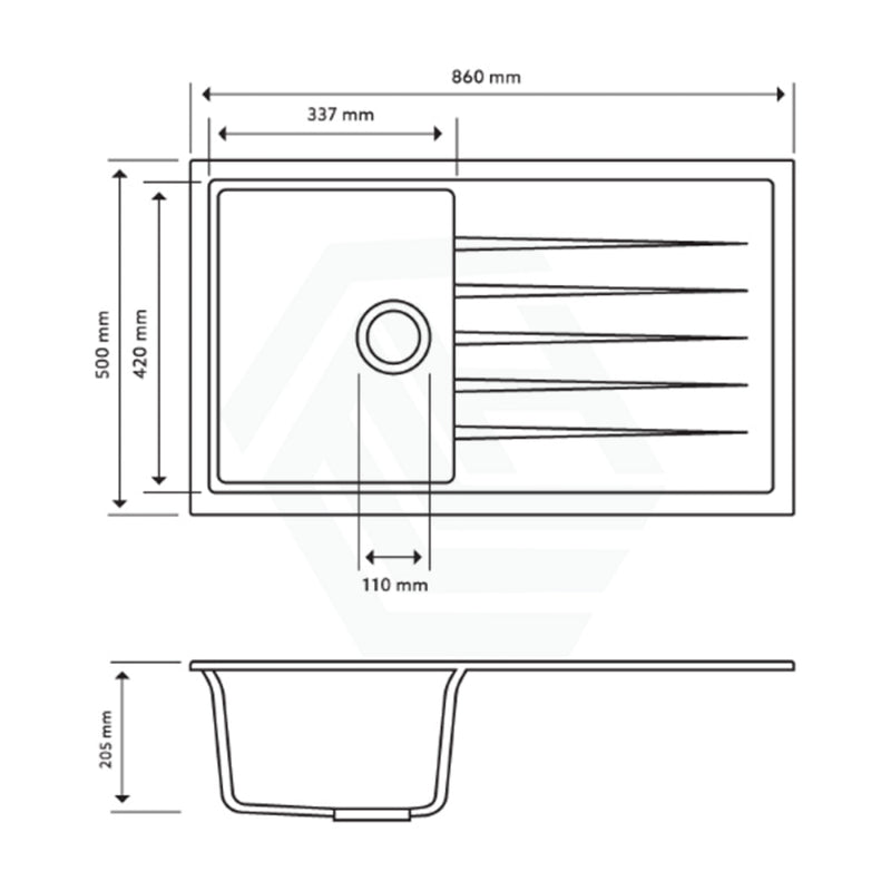 860X500X205Mm Carysil Black Single Bowl With Drainer Board Granite Kitchen Laundry Sink