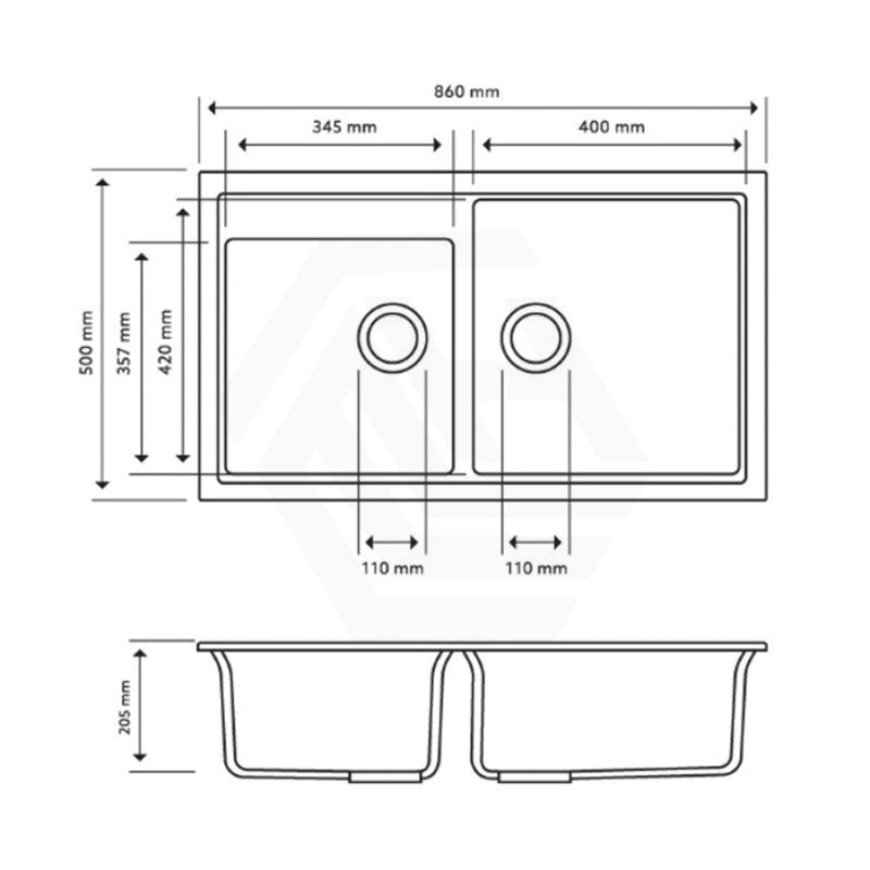 860X500X205Mm Carysil Concrete Grey Double Bowl Granite Kitchen Laundry Sink Top/flush/under Mount