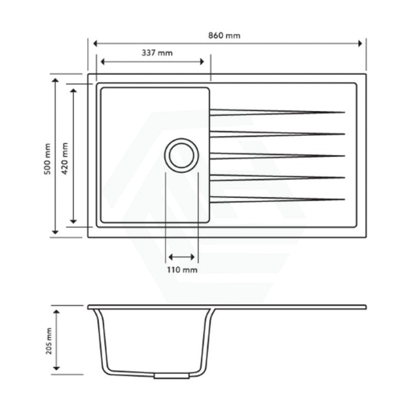 860X500X205Mm Carysil Concrete Grey Single Bowl With Drainer Board Granite Kitchen Laundry Sink