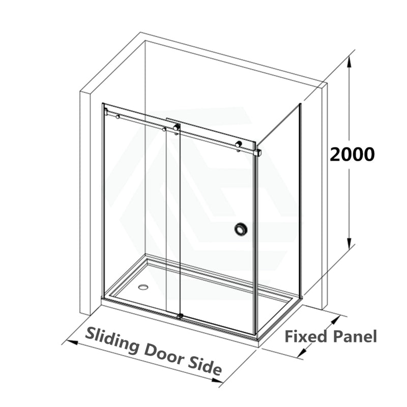 870-1180X2000Mm Sliding Shower Screen L Shape Frameless Black Square Rail 10Mm Glass Embedded Circle