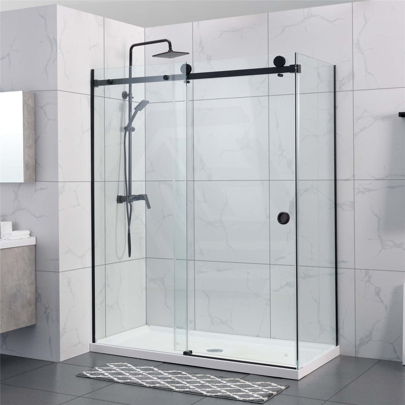 870-1180X2000Mm Sliding Shower Screen L Shape Frameless Black Square Rail 10Mm Glass Embedded Circle