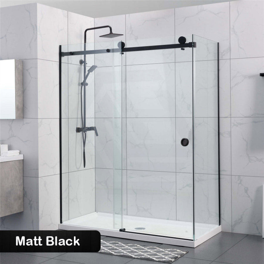 870-1180X2000Mm Sliding Shower Screen L Shape Frameless Black Square Rail 10Mm Glass Embedded Circle