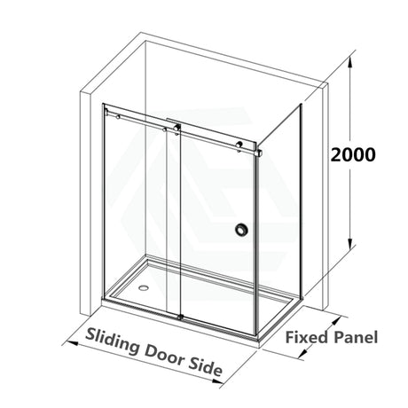 870-1180X2000Mm Sliding Shower Screen L Shape Frameless Chrome Ss304 Square Rail 10Mm Glass Embedded