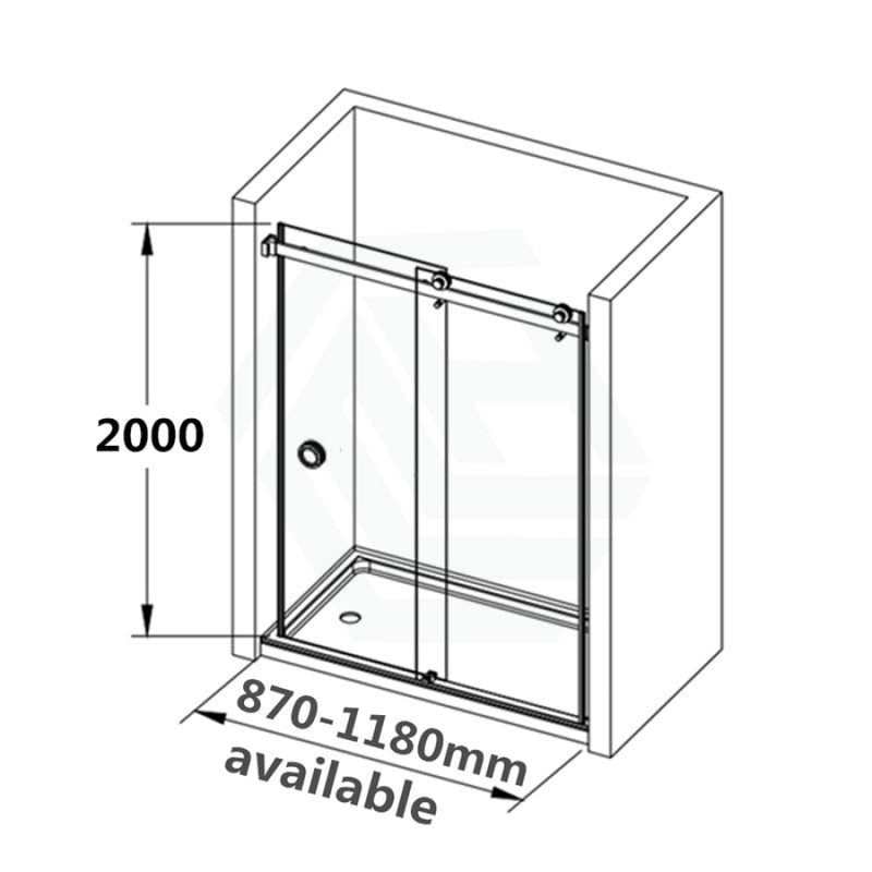 870-1180X2000Mm Wall To Sliding Shower Screen Frameless Black Stainless Steel Square Rail 10Mm Glass