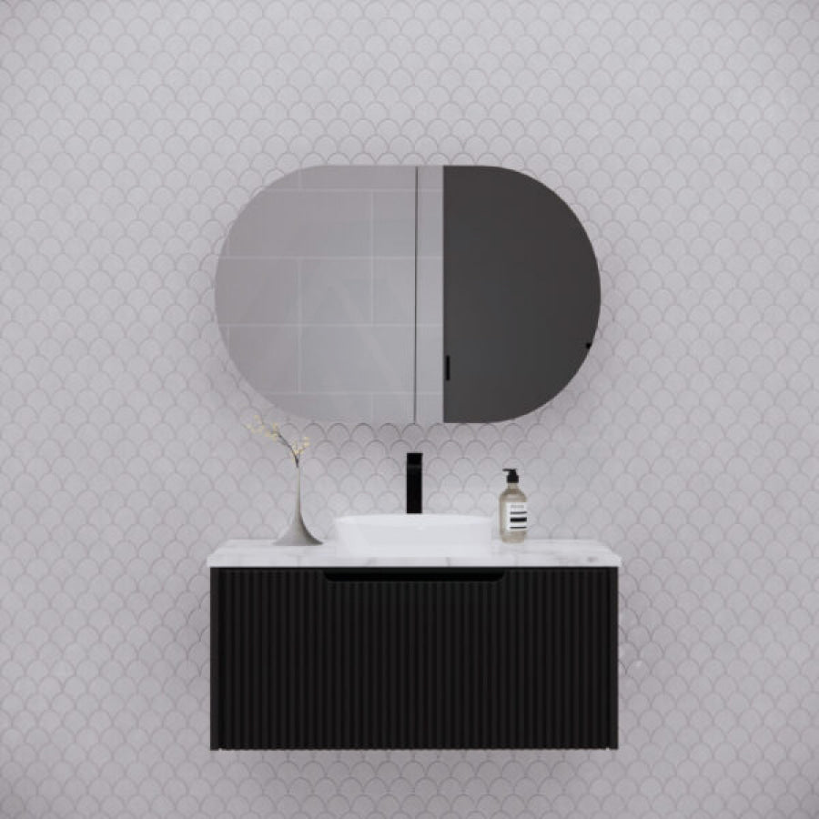 870X600X140Mm Oval Pencil Edge Mirror Wall Hung Shaving Cabinet Matt Black Cabinets