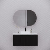 870X600X140Mm Oval Pencil Edge Mirror Wall Hung Shaving Cabinet Matt Black Cabinets