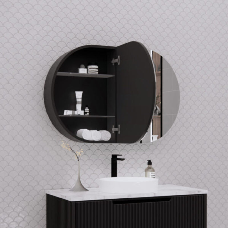 870X600X140Mm Oval Pencil Edge Mirror Wall Hung Shaving Cabinet Matt Black Cabinets