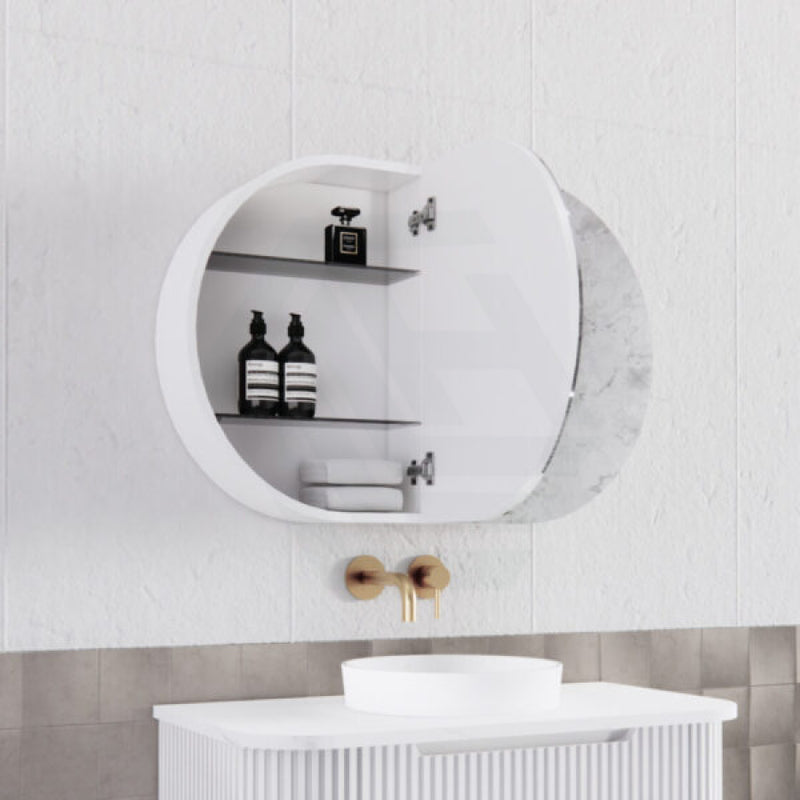 870X600X140Mm Oval Pencil Edge Mirror Wall Hung Shaving Cabinet Matt White Cabinets