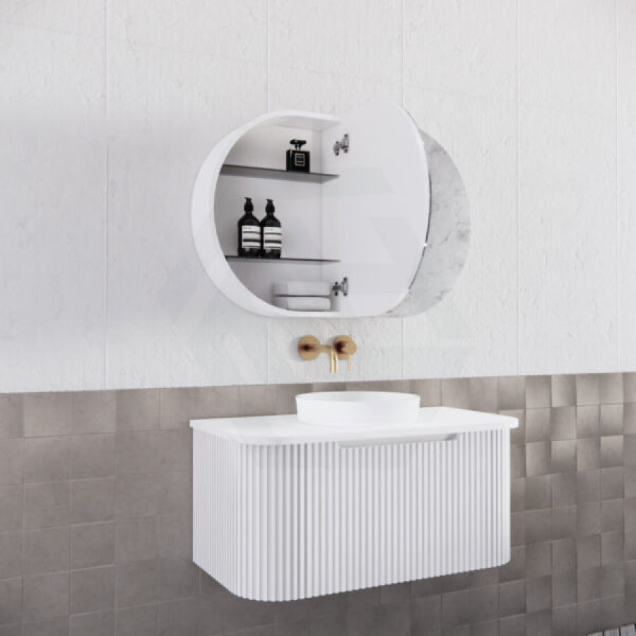 870X600X140Mm Oval Pencil Edge Mirror Wall Hung Shaving Cabinet Matt White Cabinets