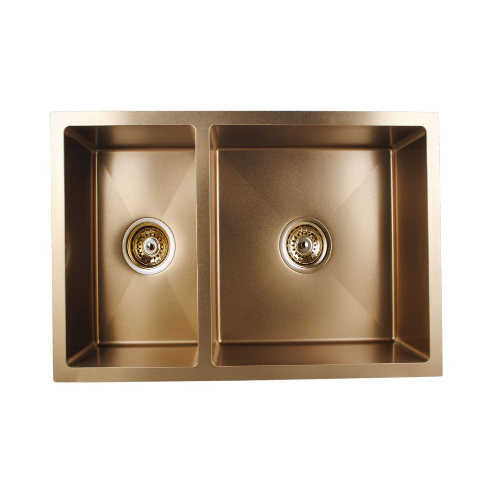 710X450X205Mm 1.2Mm Brushed Yellow Gold Handmade Round Corners Double Bowls Top/under/flush Mount