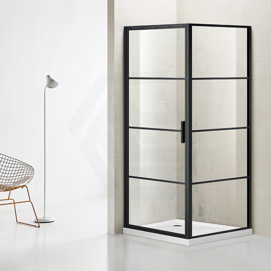 900/1000X1900Mm L Shape Shower Screen Pivot Grid Door With Fixed Return Panel Black Framed 6Mm Glass