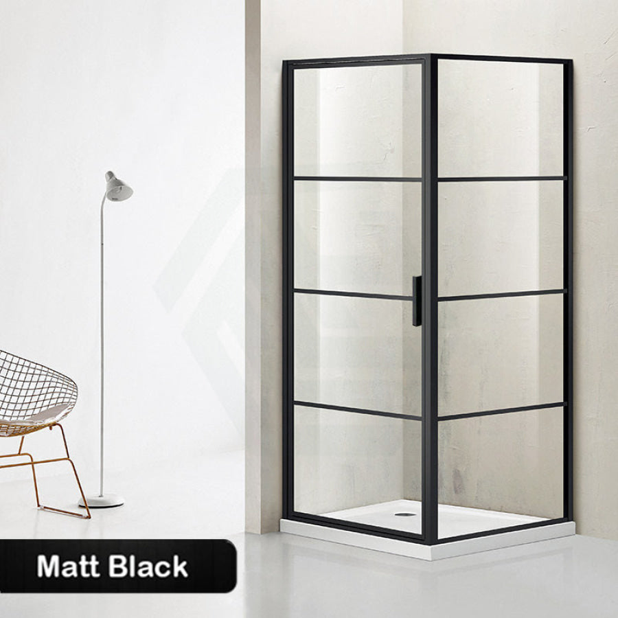 900/1000X1900Mm L Shape Shower Screen Pivot Grid Door With Fixed Return Panel Black Framed 6Mm Glass