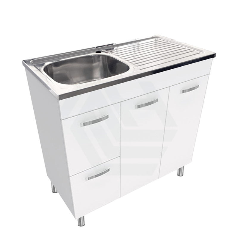 900Mm Citi E0 Board Gloss White Kitchen/Laundry Freestanding With Legs Vanity Stainless Steel