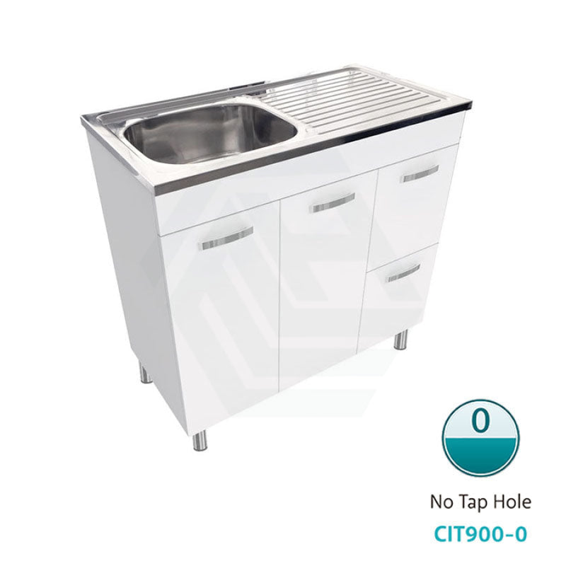 900Mm Citi E0 Board Gloss White Kitchen/Laundry Freestanding With Legs Vanity Stainless Steel