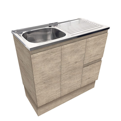 900mm Citi E0 Board Scandi Oak Freestanding Kickboard Vanity Cabinet with Stainless Steel Sink-Top