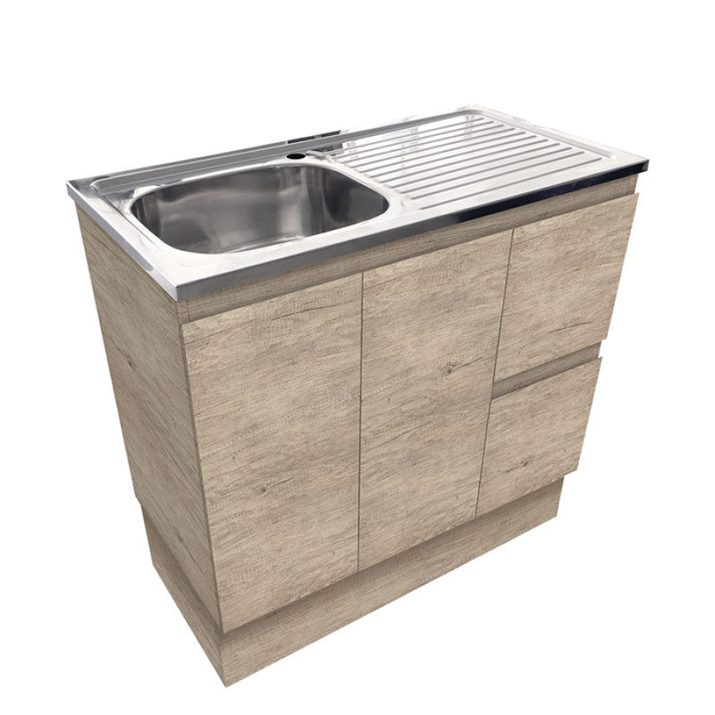 900mm Citi E0 Board Scandi Oak Freestanding Kickboard Vanity Cabinet with Stainless Steel Sink-Top