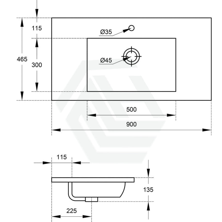 900X460X135Mm Poly Top For Bathroom Vanity Single Bowl Matt White 1 Tap Hole No Overflow Tops