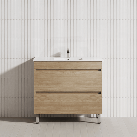 600-1500Mm Freestanding Bathroom Floor Vanity White Oak Wood Grain Pvc Filmed Cabinet Only &