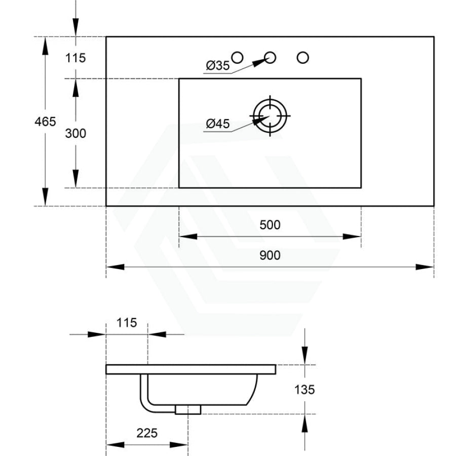 900X465X135Mm Poly Top For Bathroom Vanity Single Bowl 1 Or 3 Tap Holes Available No Overflow Poly