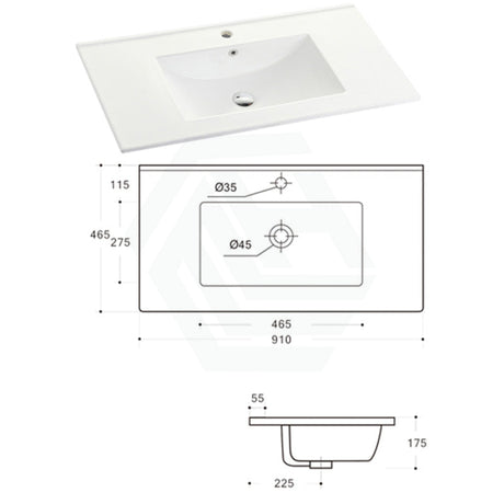 910X465X175Mm Ceramic Top For Bathroom Vanity Single Bowl 1 Or 3 Tap Holes Available Gloss White