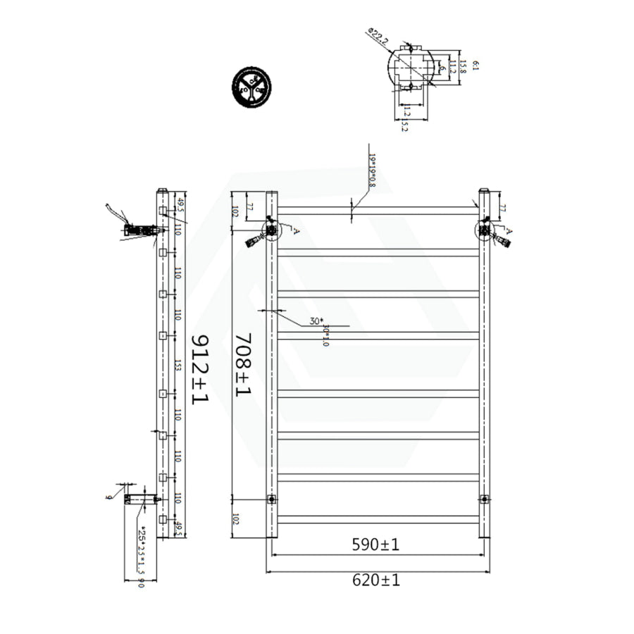 912X620X120Mm Square Chrome Electric Heated Towel Rack 8 Bars