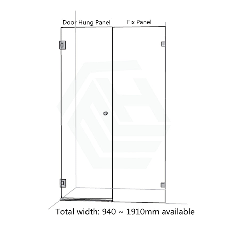 940-1425Mm Frameless Wall To Shower Screen Door Hung With Fix Panel In Chrome Fittings 10Mm Glass