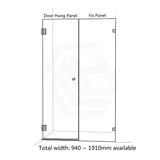 940-1910Mm Frameless Wall To Shower Screen Door Hung With Fix Panel In Matt Black Fittings 10Mm