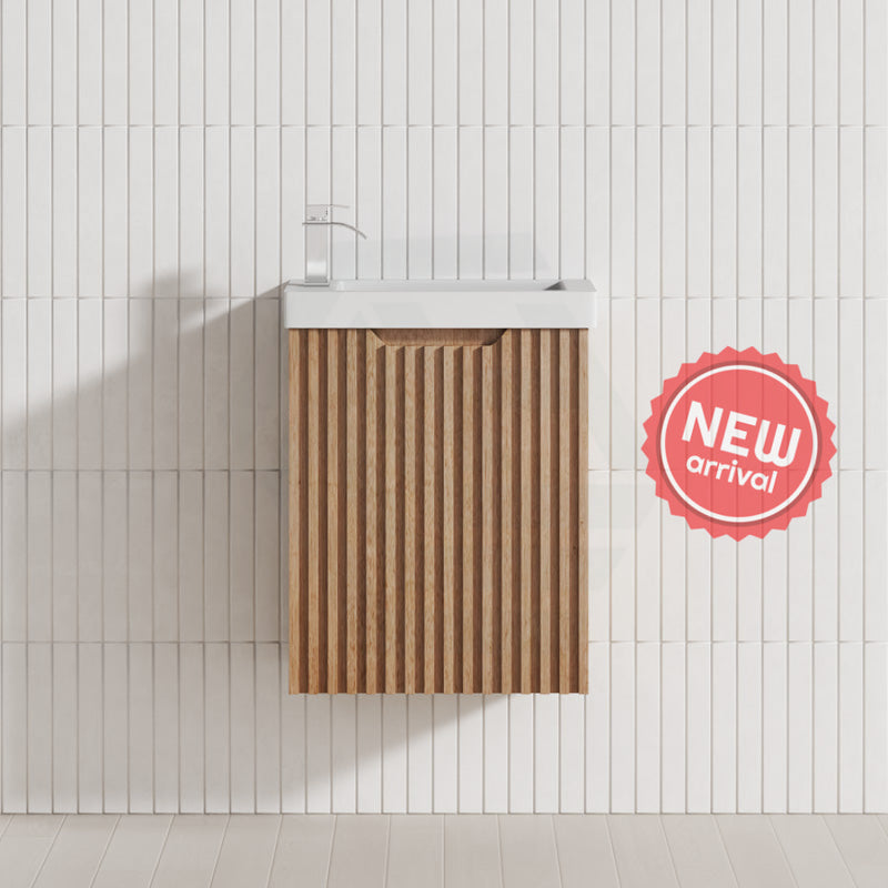 450X250X550Mm Wall Hung Vanity Left Hand Hinge With Overflow Poly Top Solid Timber Vanities